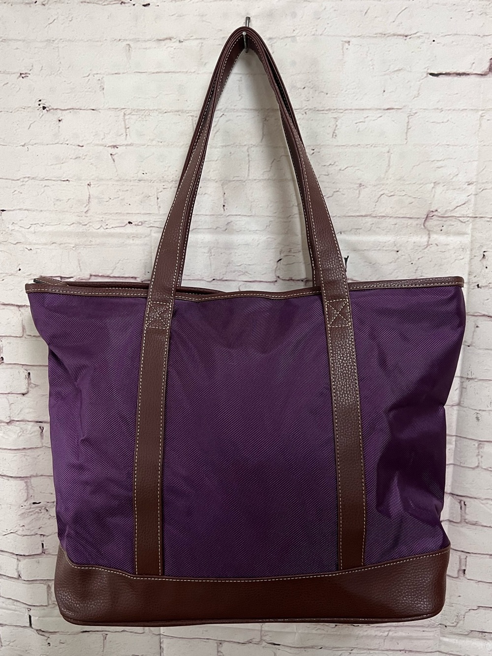 Barrington St. Anne Tote Bag Purple Nylon Canvas British Tan Leather Trim Large